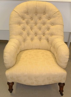 Iron frame Victorian button back chair traditionally upholstered