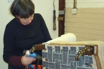 Securing Fire Retardent calico to Victorian nursing chair